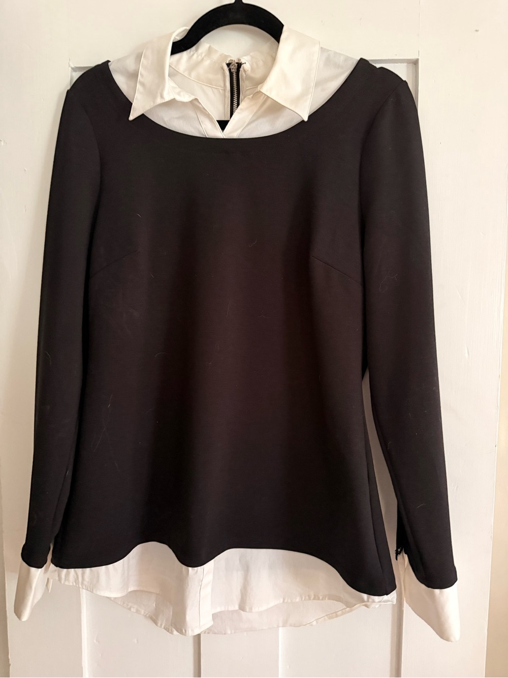 White House Black Market Black Long-Sleeve Faux-Layered Top with White Collar